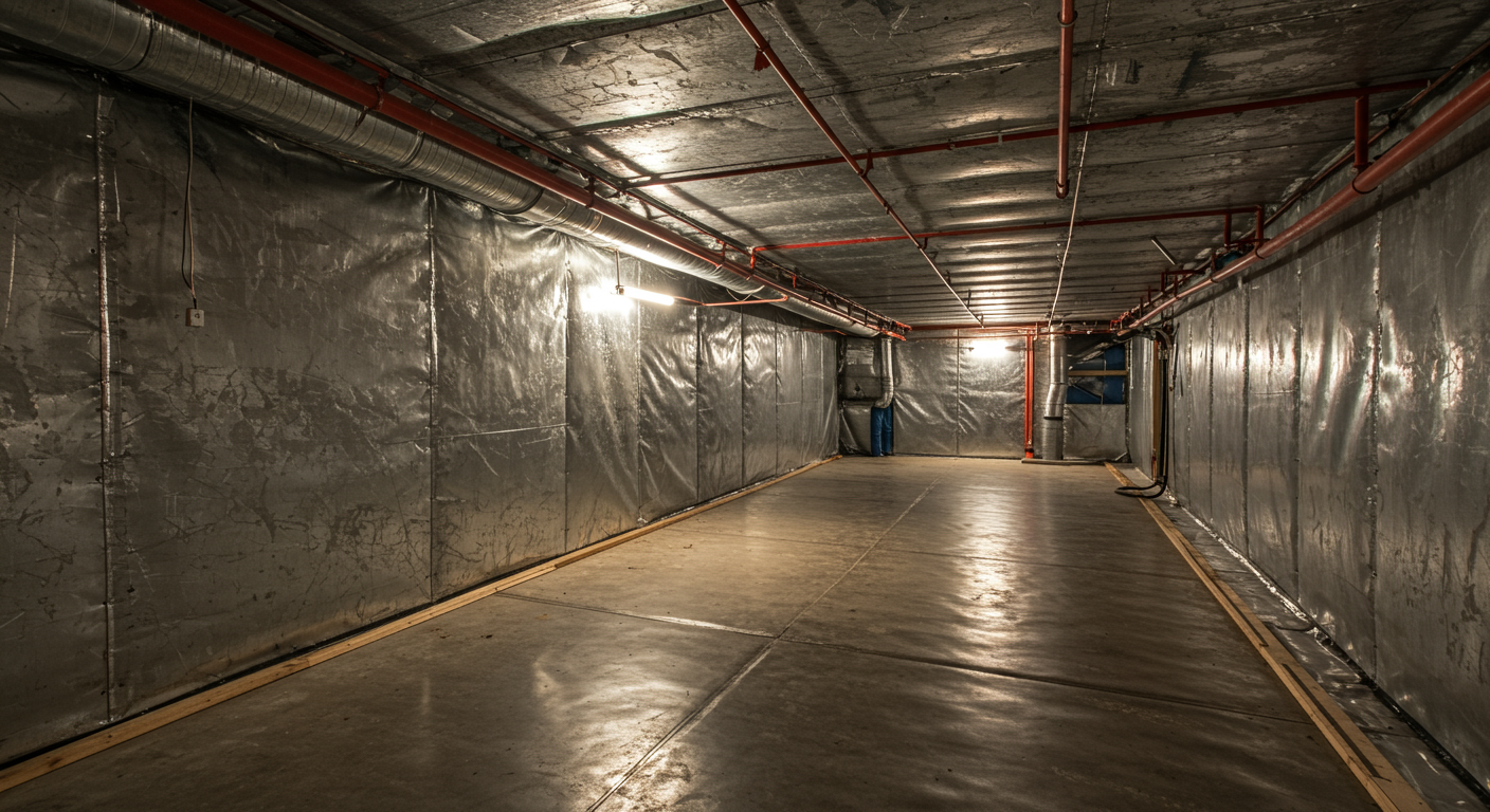An encapsulated crawl space with bright lighting, showcasing the clean and organized environment after encapsulation. The focus is on the smooth vapor barrier and the overall neatness of the space.