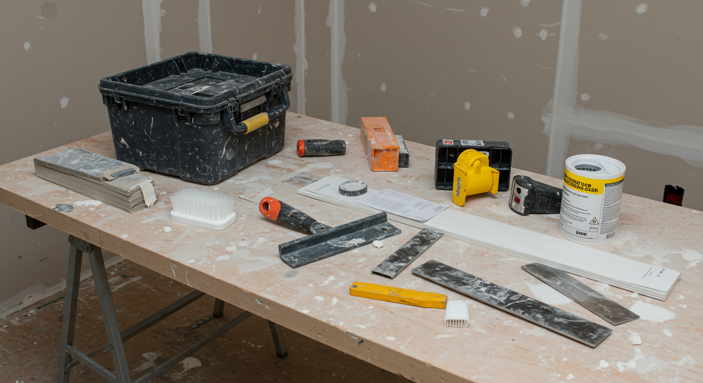 A contractor preparing the workspace for popcorn ceiling application, with tools and materials laid out neatly. The image captures the professionalism and care taken before starting the job.