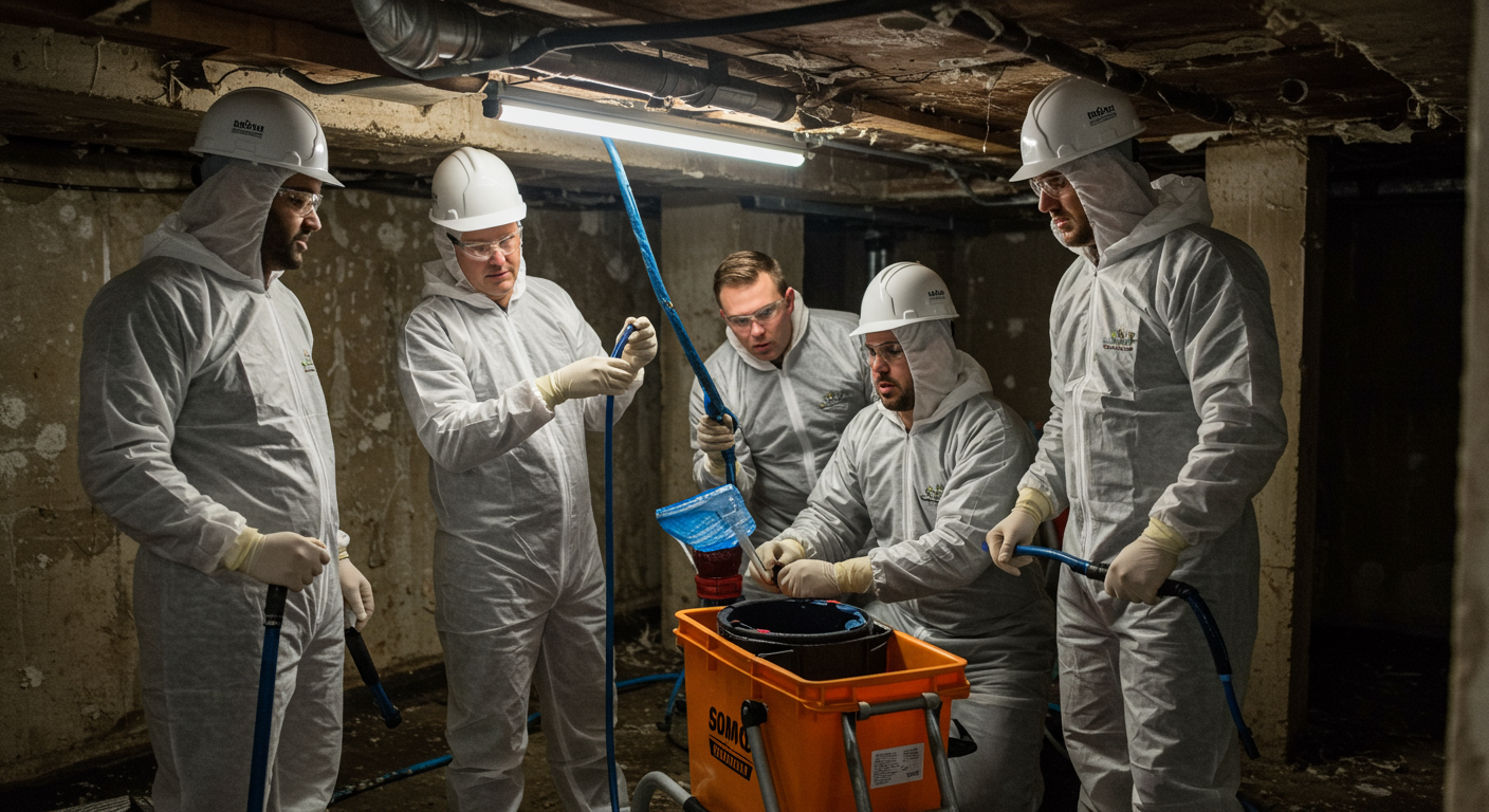 A team of mold remediation experts actively working in a crawl space, using specialized equipment to remove mold. The focus is on teamwork and professionalism.