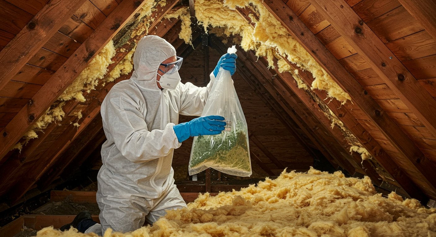 A technician in protective gear actively removing mold from attic insulation. The image captures the action of cleaning, with mold spores visibly being collected in a containment bag.