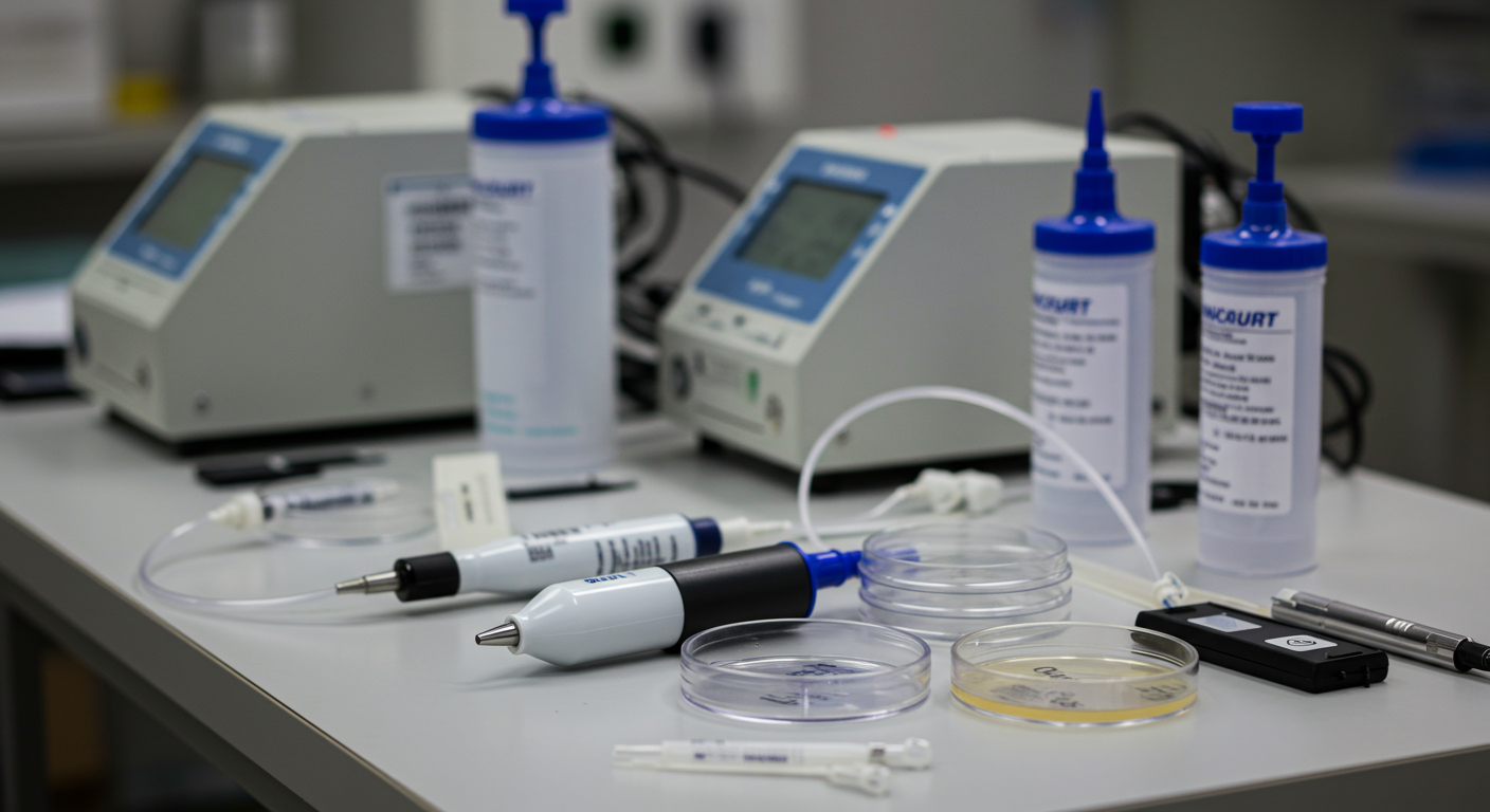 A close-up shot of advanced mold testing equipment laid out on a table, including air sampling pumps, petri dishes, and moisture meters. The background is slightly blurred to emphasize the tools.