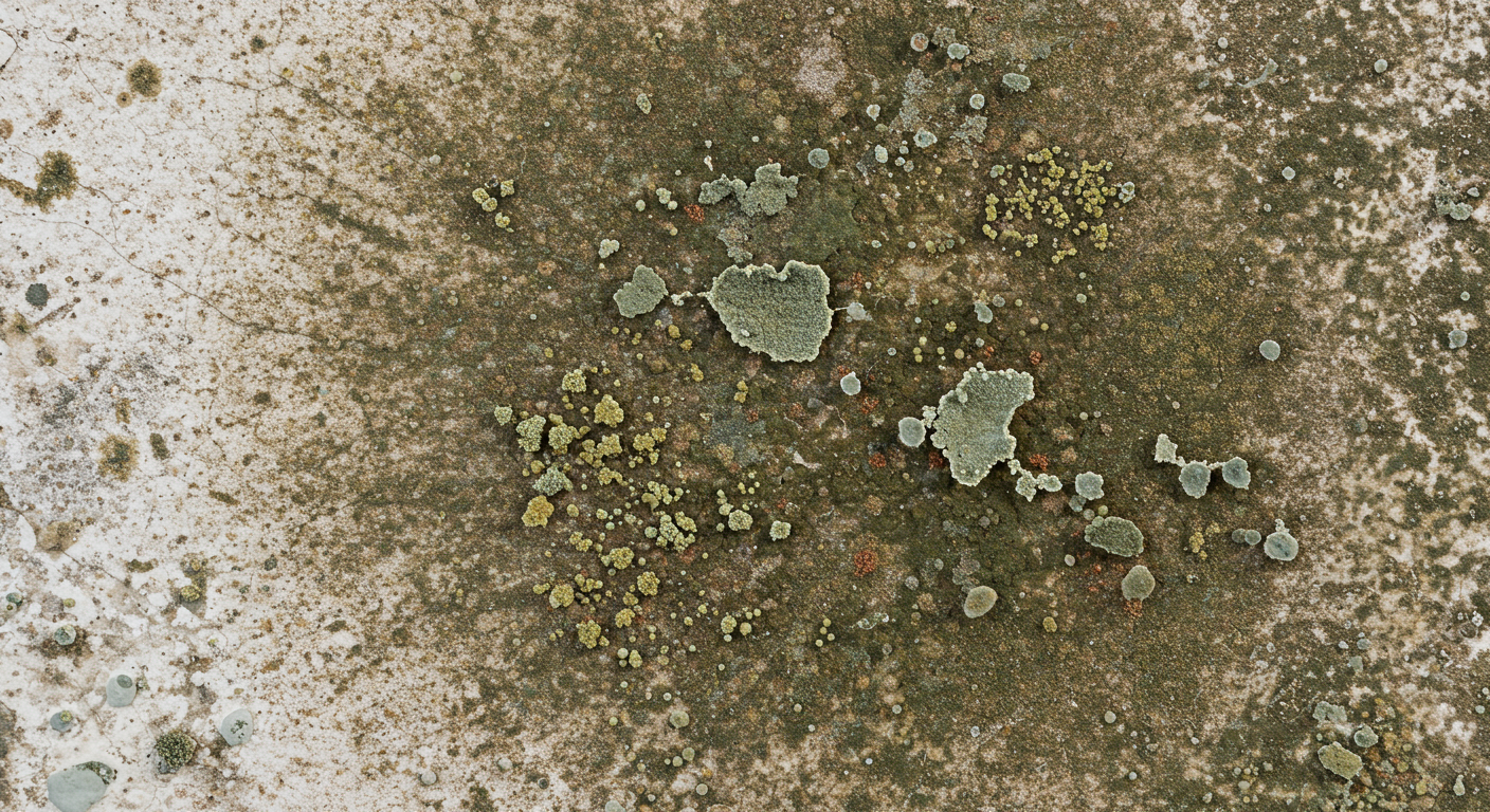 A close-up shot of mold growth on a wall, showcasing different colors and textures of mold. The image highlights the severity of the mold infestation.