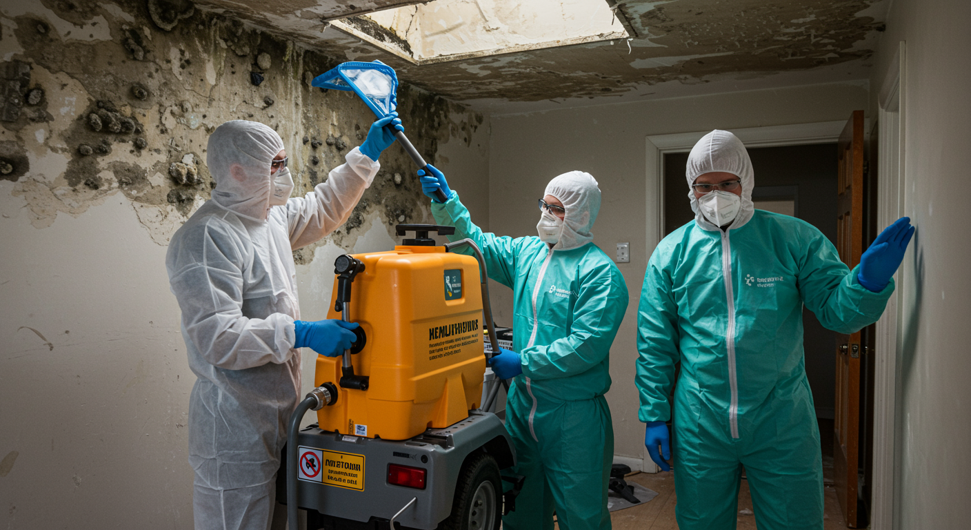 A professional mould remediation team in action, using specialized equipment to remove mould from a home. The image captures the teamwork and professionalism of the service.