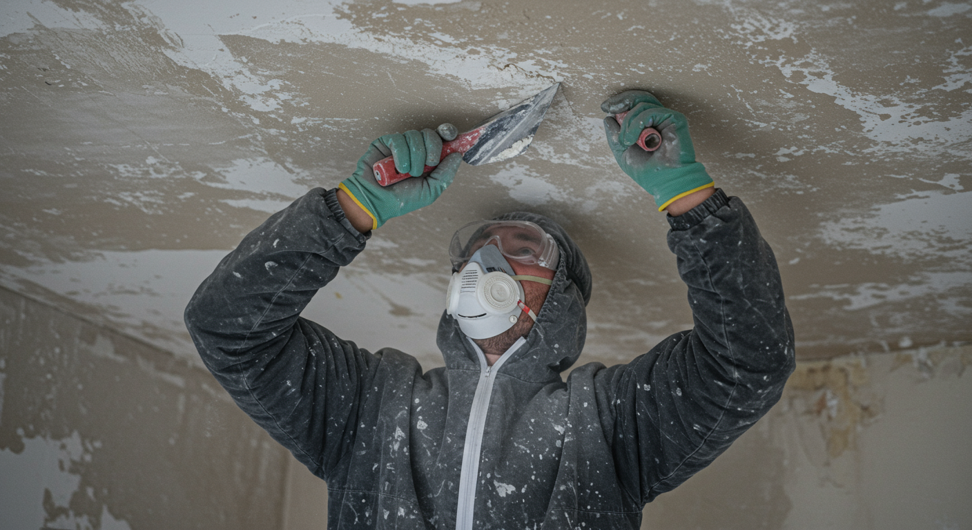 A professional contractor in safety gear actively removing stucco from a ceiling