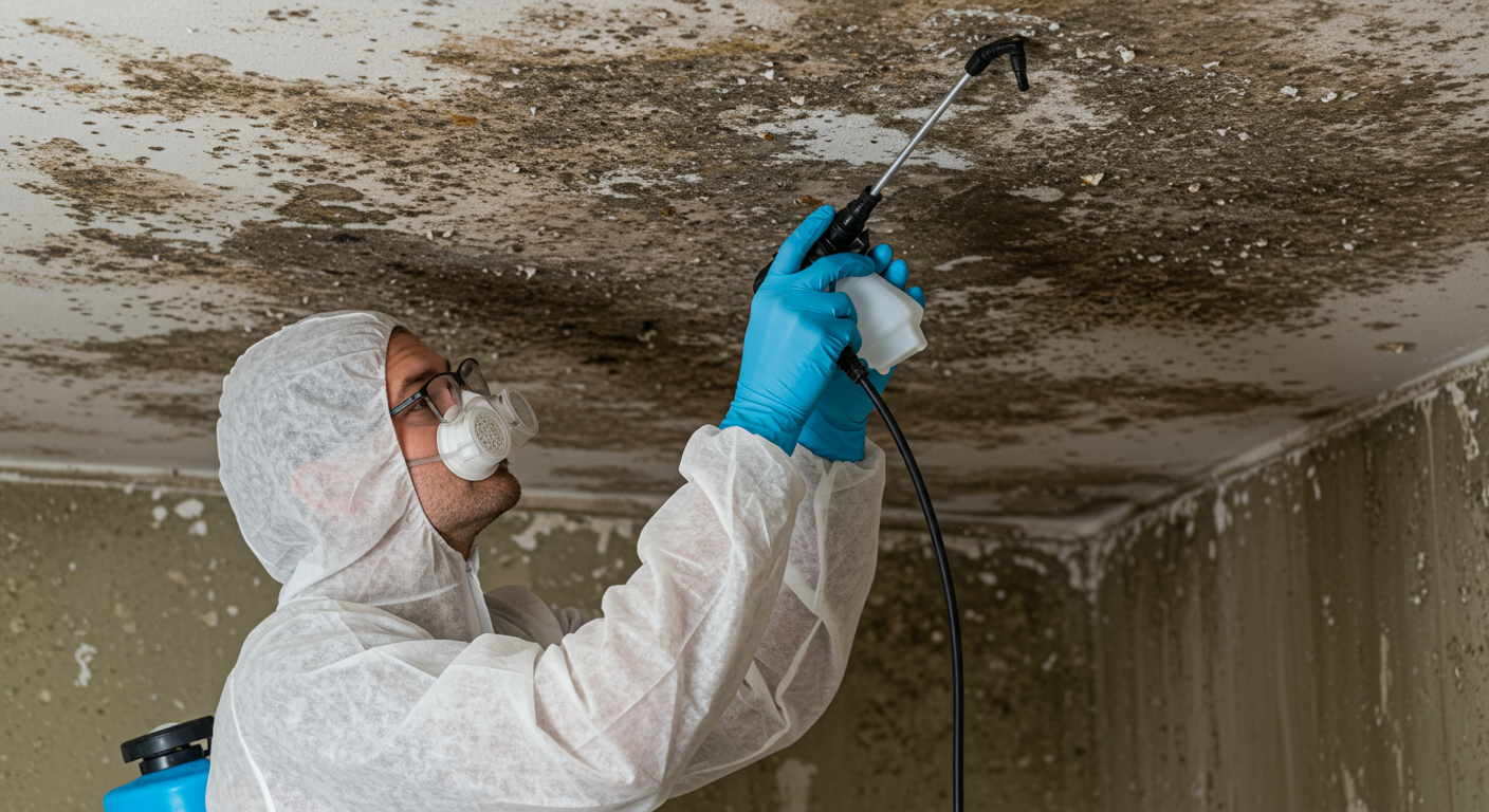 A professional mold remediation technician using a spray solution on a moldy ceiling. The technician is focused and methodical in their approach.