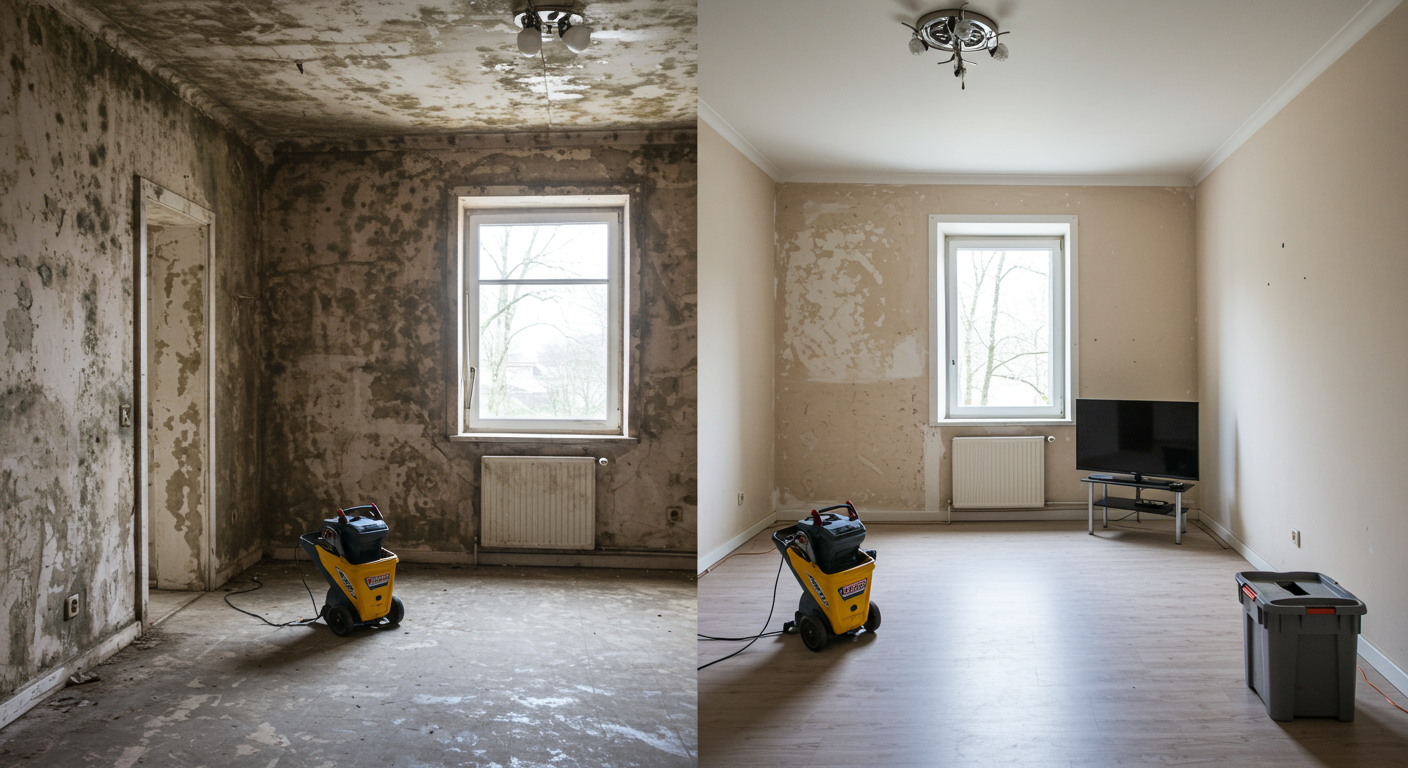 A split image showing a room before and after mold removal, highlighting the transformation and effectiveness of professional services.