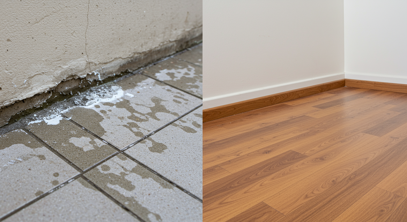 A split image showing the left side with a water-damaged area and the right side showcasing the same area after restoration, highlighting the transformation.
