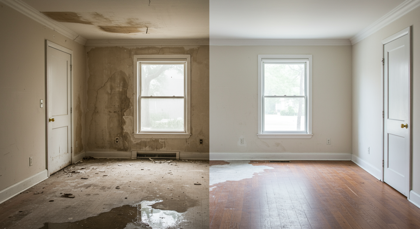 A split image showing a room before and after water damage remediation. The left side depicts a water-damaged room with visible stains and debris, while the right side shows the same room fully restored and clean.