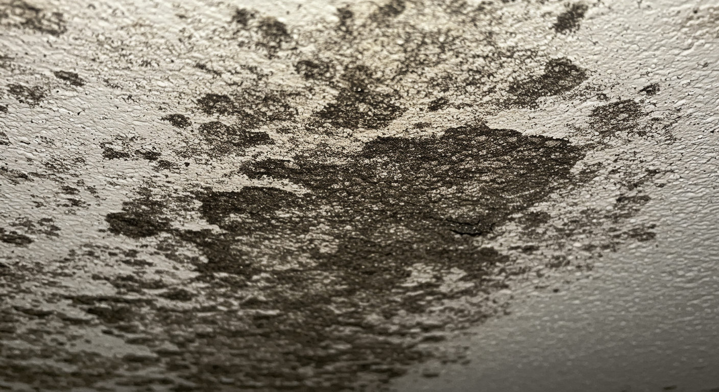 A close-up shot of black mold growing on a ceiling, highlighting the texture and color variations of the mold. The image captures the severity of the infestation, with a focus on the dark patches against a lighter ceiling surface.
