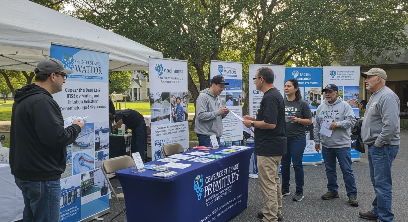 A community event where local water mitigation experts are educating residents about water damage prevention. The scene includes informational booths and engaged community members, creating a sense of trust and connection.
