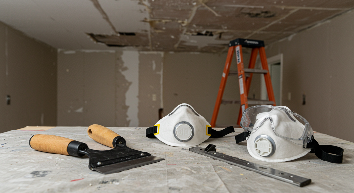 A well-organized workspace featuring essential tools for removing popcorn ceilings, such as a scraper, protective goggles, a mask, and a ladder.