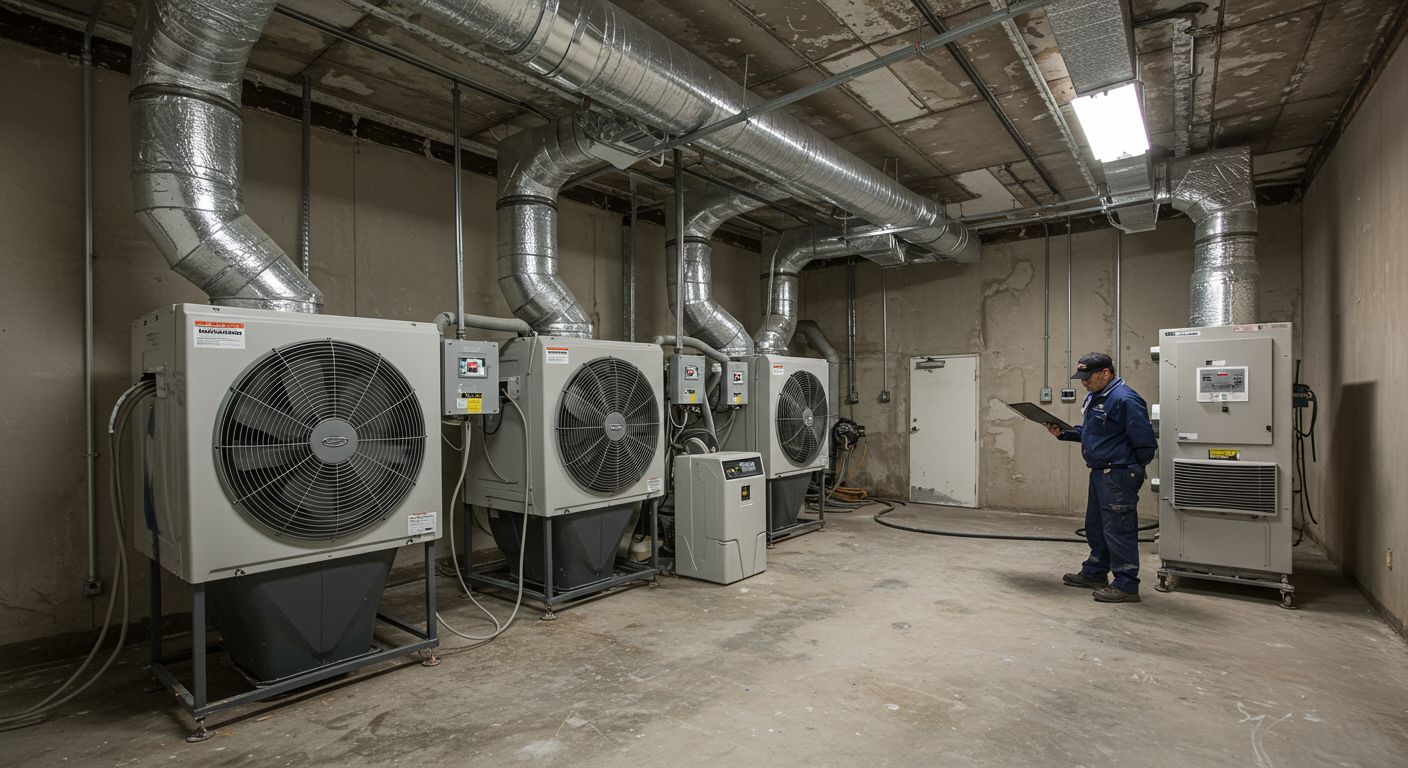 Industrial dehumidifiers and fans are strategically placed in a room, actively drying out the area after water damage. A technician monitors the equipment.