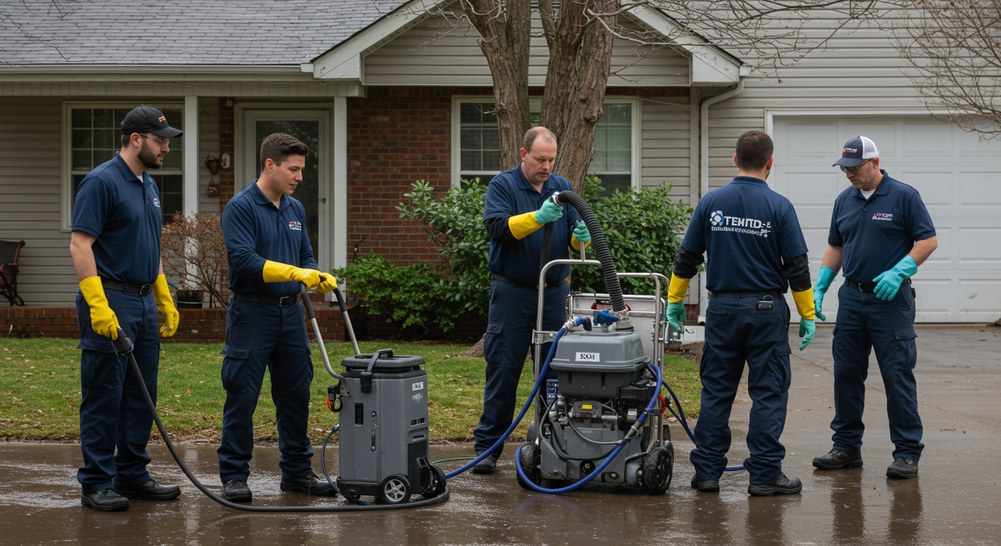 A team of professionals in uniforms actively working to restore a flooded home. They are using advanced equipment like water extraction machines and dehumidifiers.