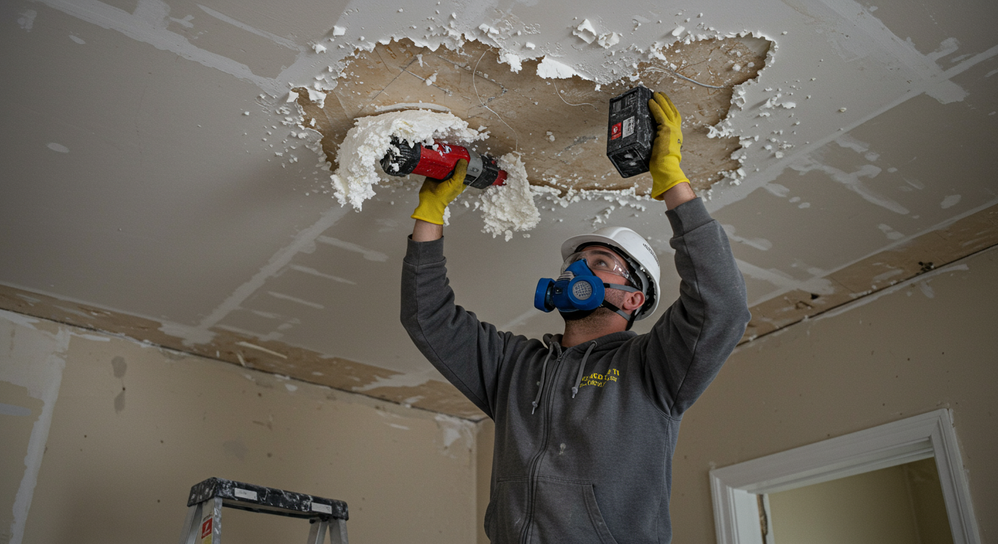 A professional team member carefully removing popcorn ceiling material while wearing protective gear. The background shows a partially finished room, indicating progress and attention to detail.