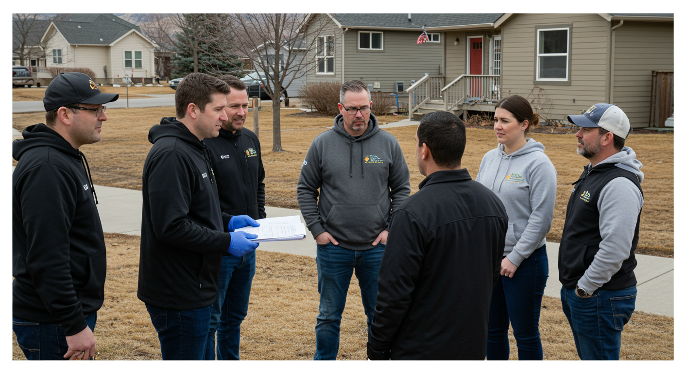 A team of local professionals discussing a mold remediation plan in front of a house in Nampa. The background features recognizable local architecture, emphasizing community relevance.