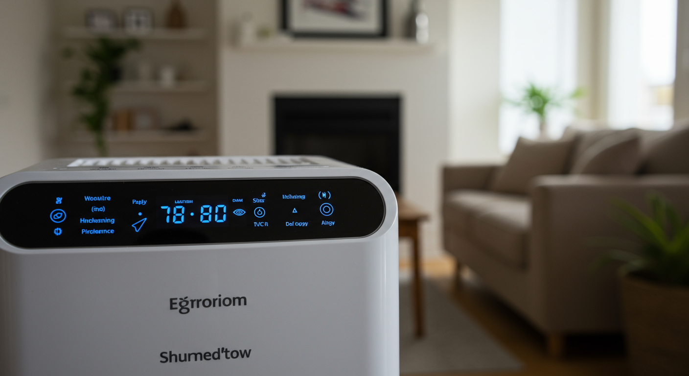 A close-up of a dehumidifier in a home environment, with moisture readings displayed on a digital screen. The background shows a cozy living room, emphasizing a healthy indoor atmosphere.