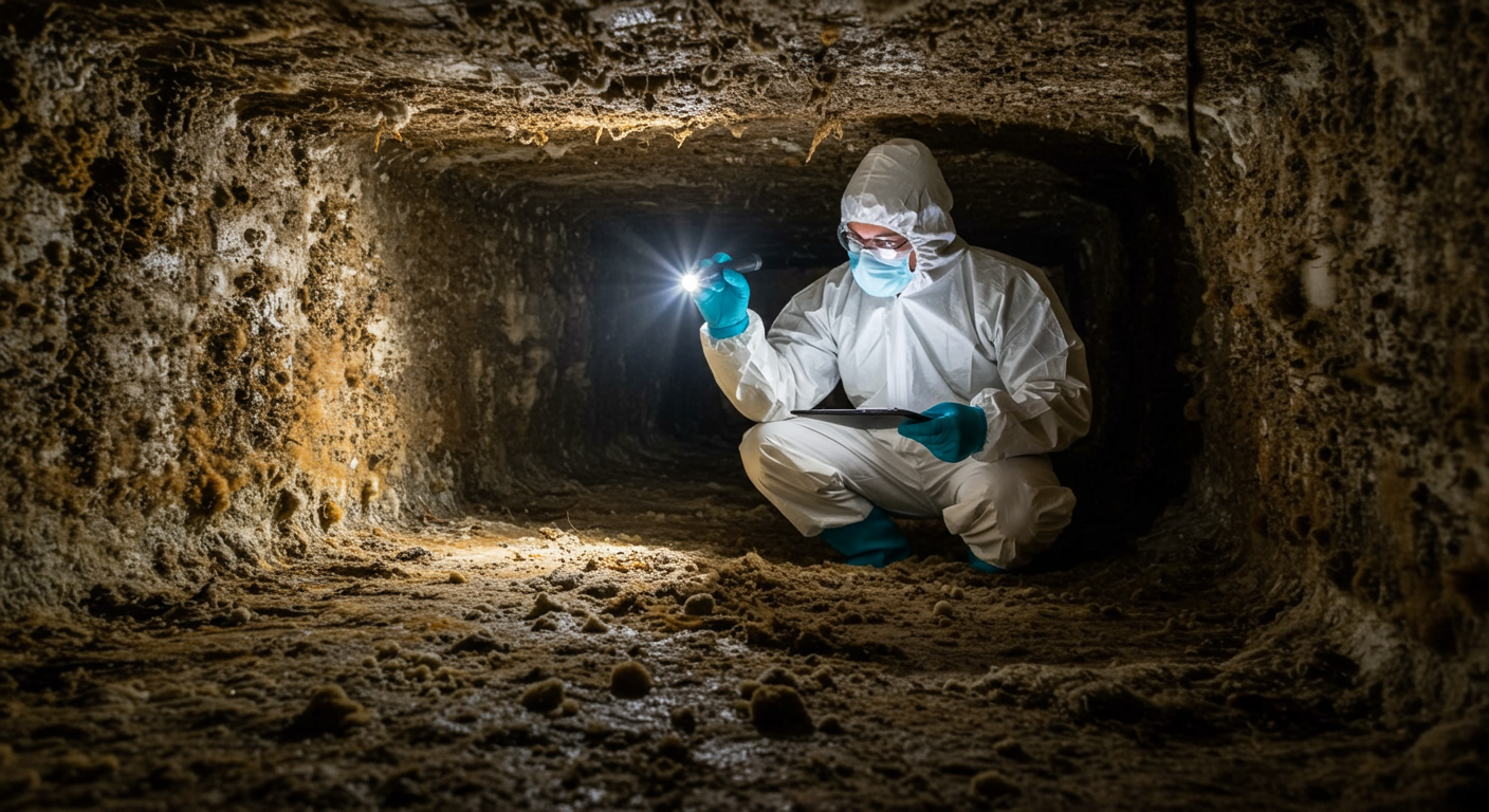A technician in protective gear inspecting a crawl space filled with mold, using a flashlight to highlight the affected areas.