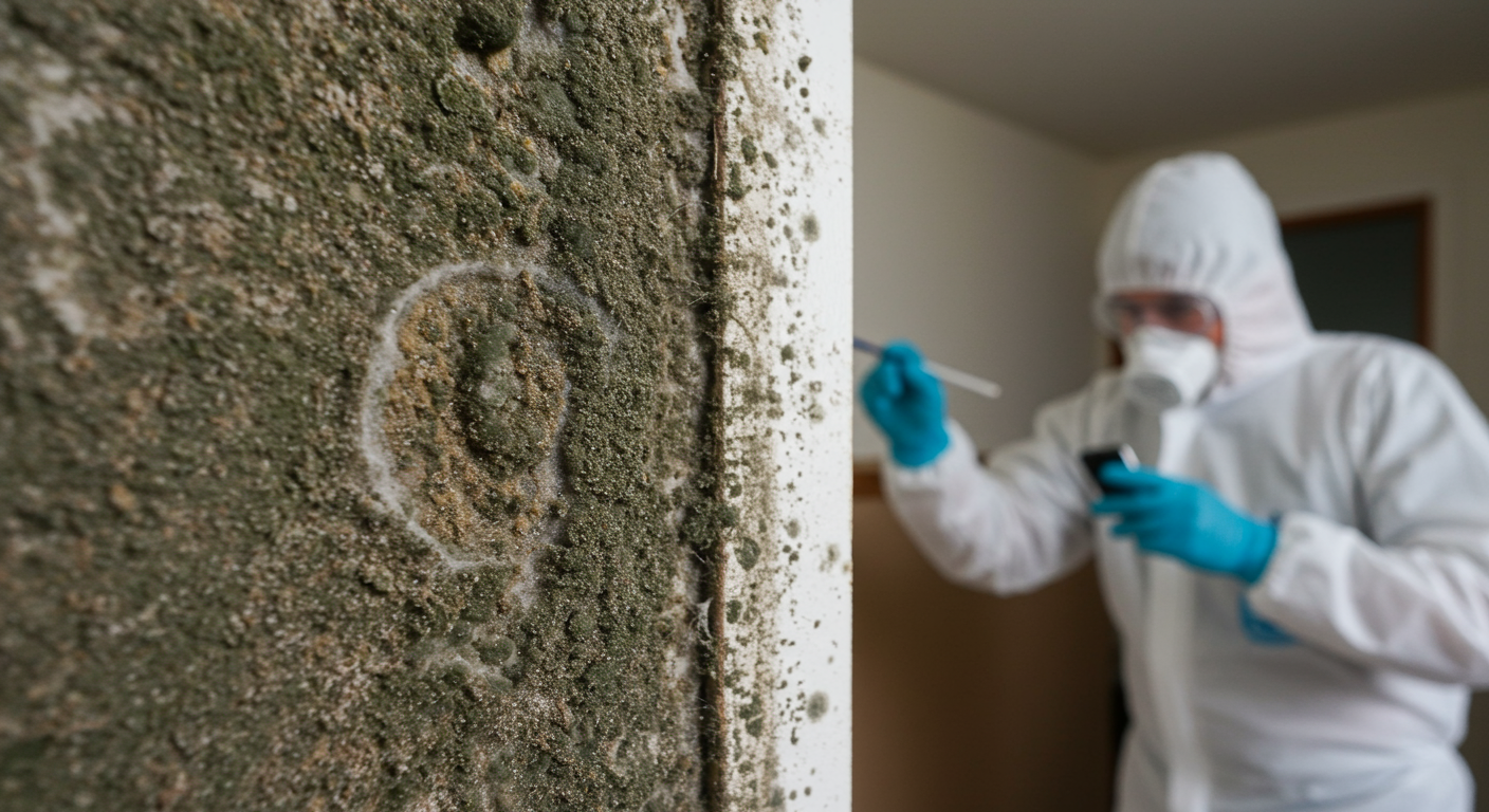 A close-up of a wall corner in a home showing visible mold growth, with a person in protective gear inspecting it. The focus is on the mold's texture and color.