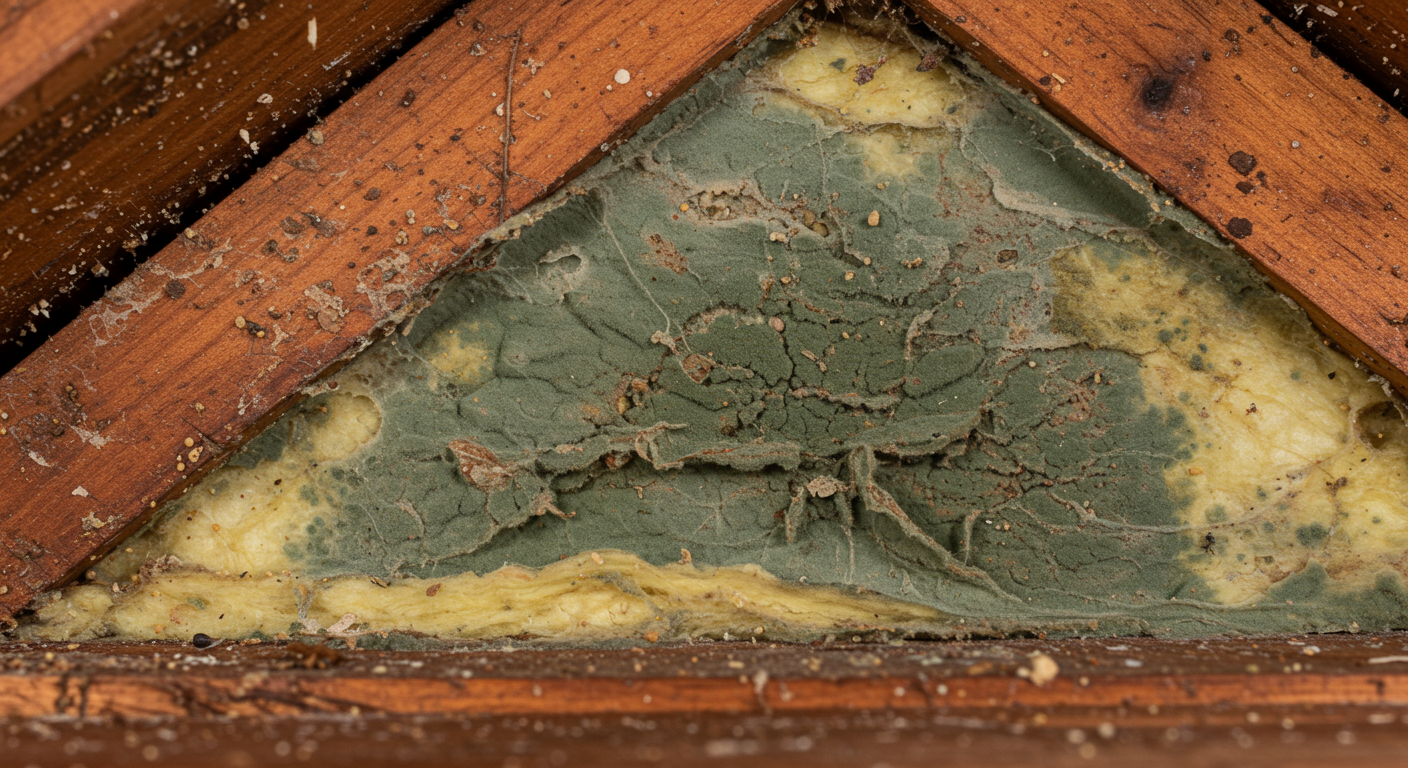 A close-up view of mold growing on wooden beams and insulation in an attic, showcasing the texture and color variations of the mold.