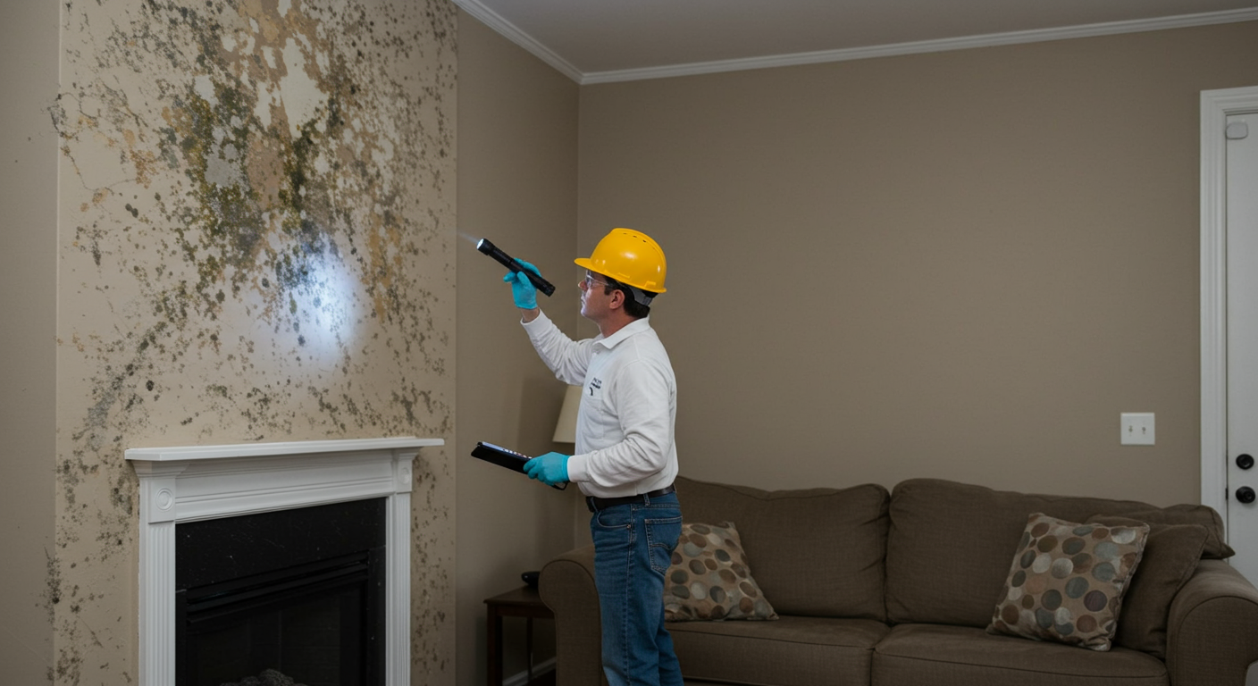 A mold inspector examining a corner of a living room, using a flashlight to inspect the walls for signs of mold. The room is well-lit, showcasing a cozy home environment.