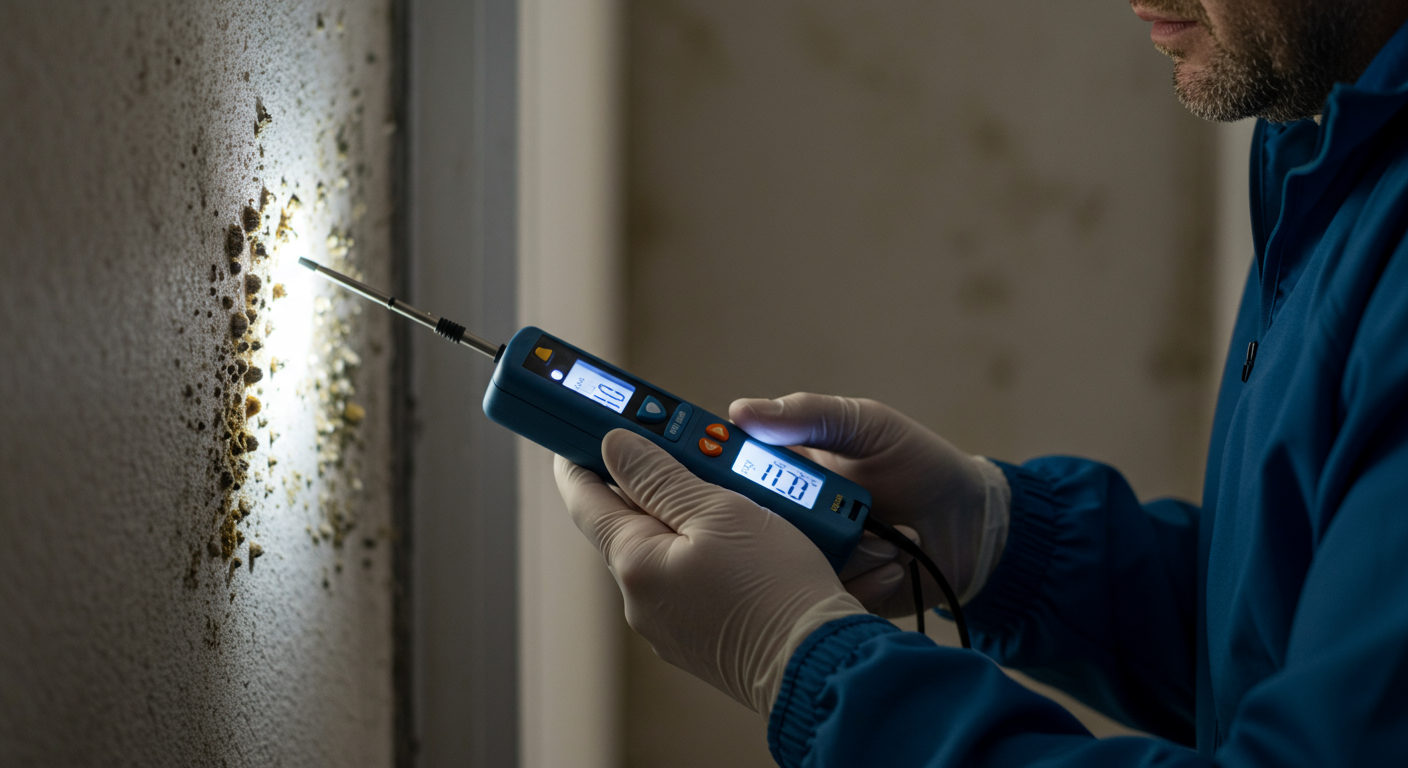 A close-up of a professional inspecting a wall for mold, using a moisture meter and flashlight. The image highlights the careful and thorough approach taken during the mold inspection process.
