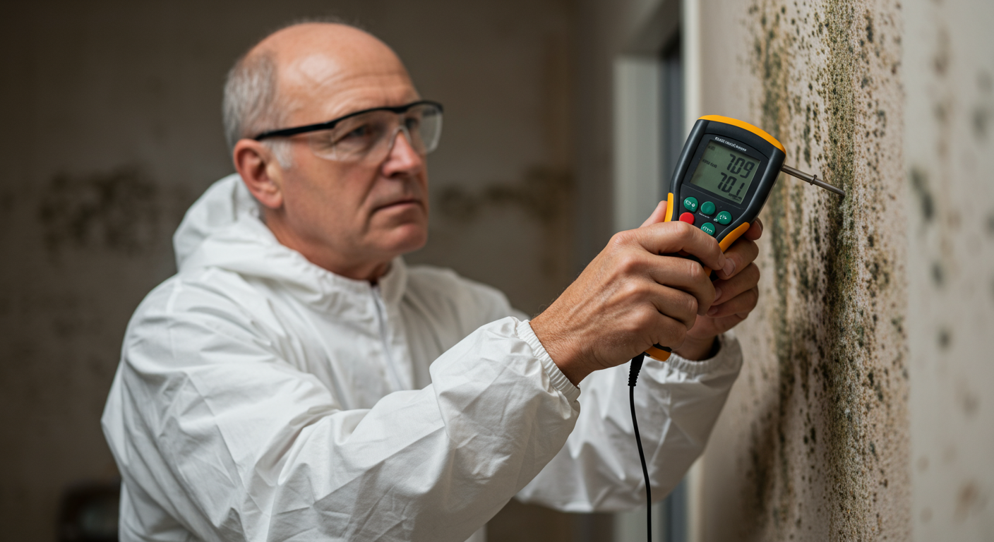 A professional mold inspector examining a wall with a moisture meter, highlighting the process of identifying mold presence.