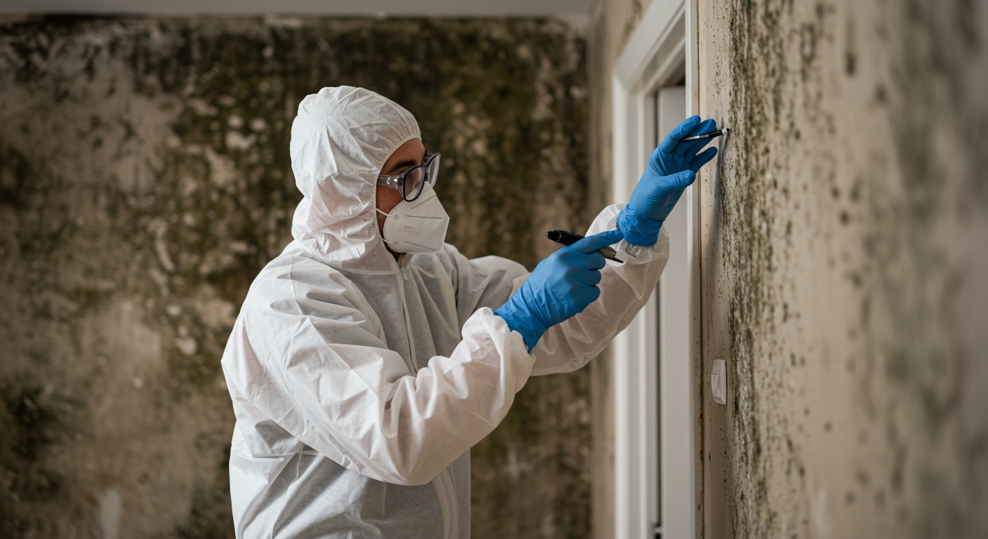 A professional mold inspector in protective gear examines a wall with visible mold growth. The setting is a residential home, highlighting the importance of thorough inspections.