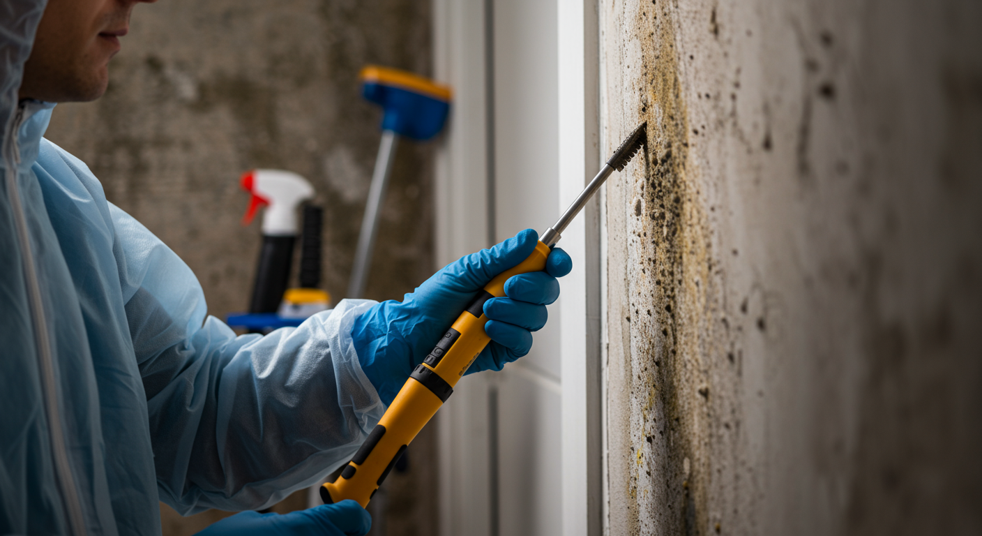 A close-up of a technician inspecting a wall for mold growth, with tools and mold remediation products in the foreground.