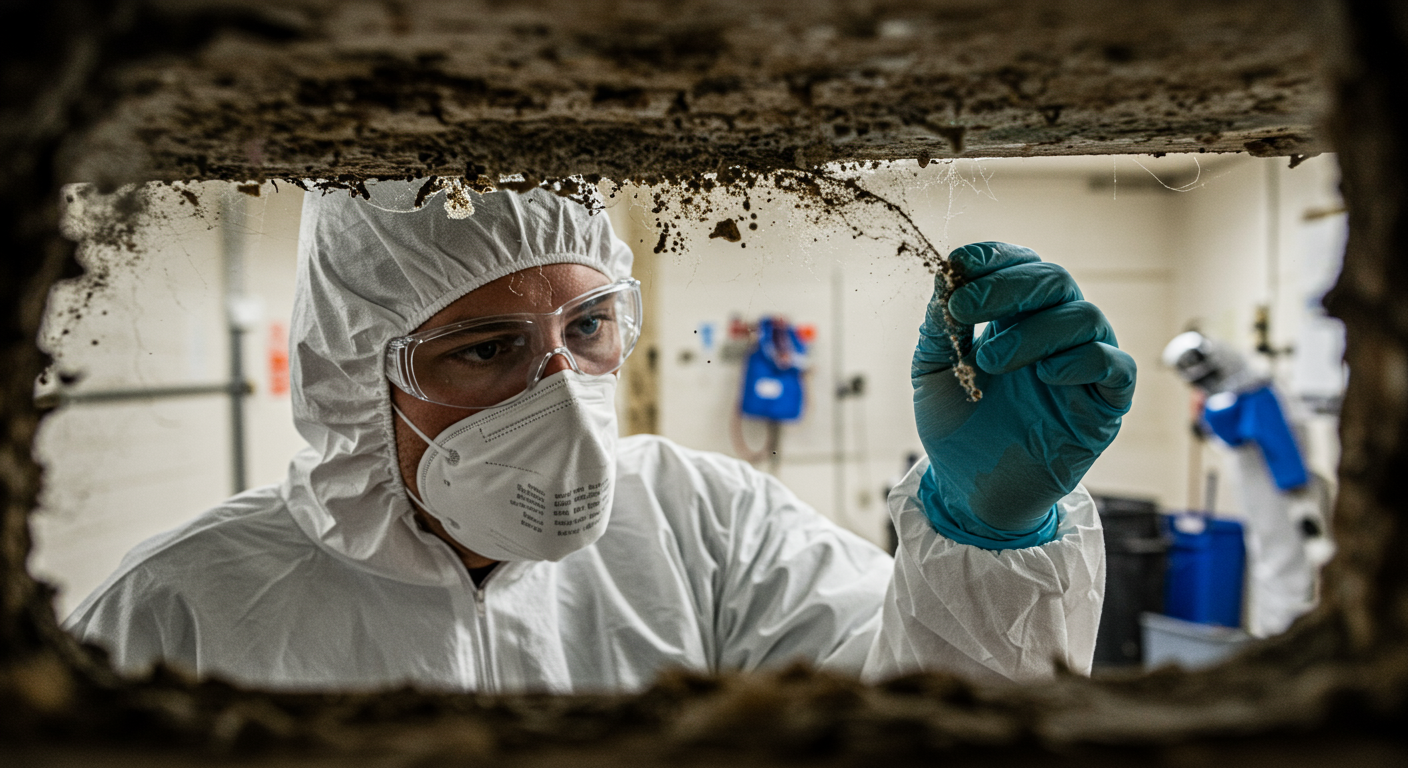 A close-up of a remediation technician wearing a mask and gloves, carefully examining a moldy surface. The background includes safety equipment and a clean-up area, emphasizing health and safety.