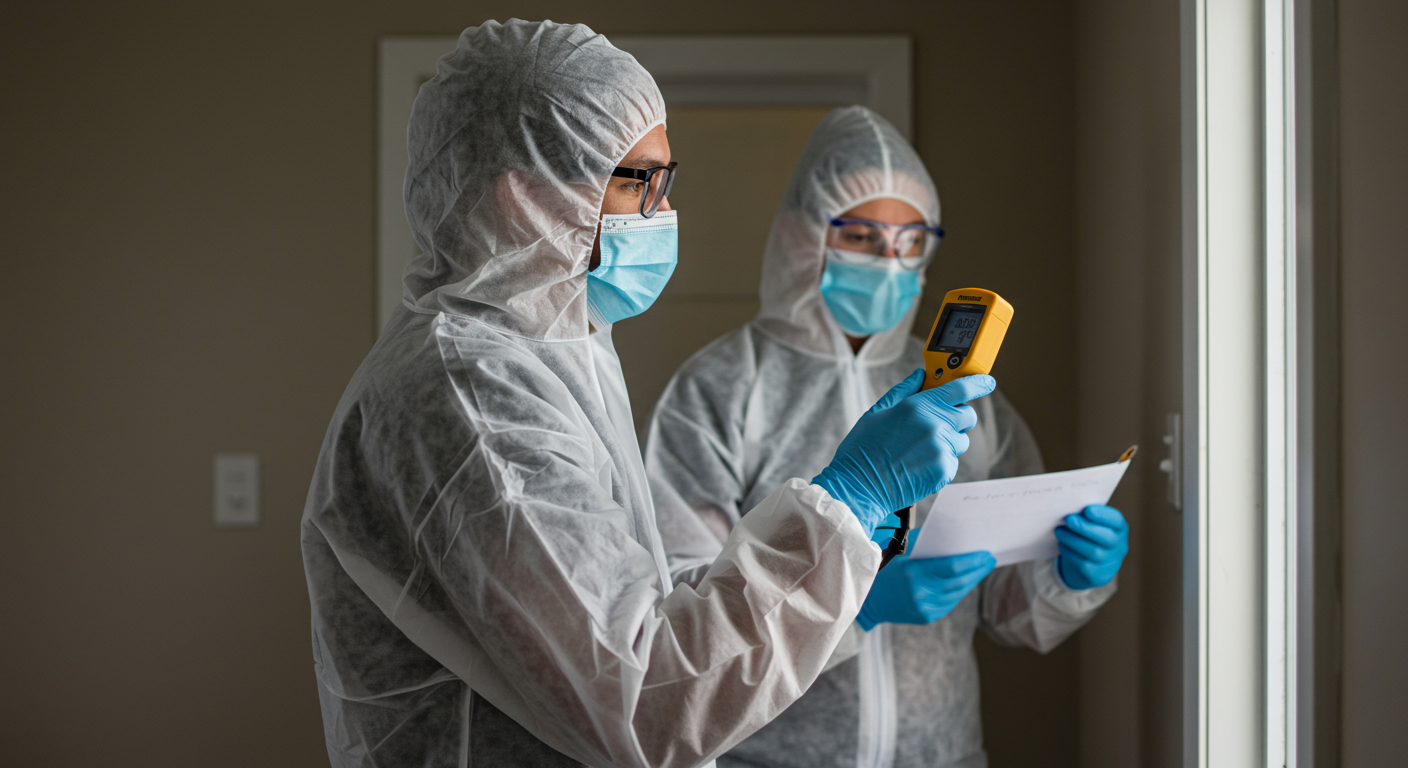 A professional mold remediation team in action, wearing protective gear while inspecting a home for mold.