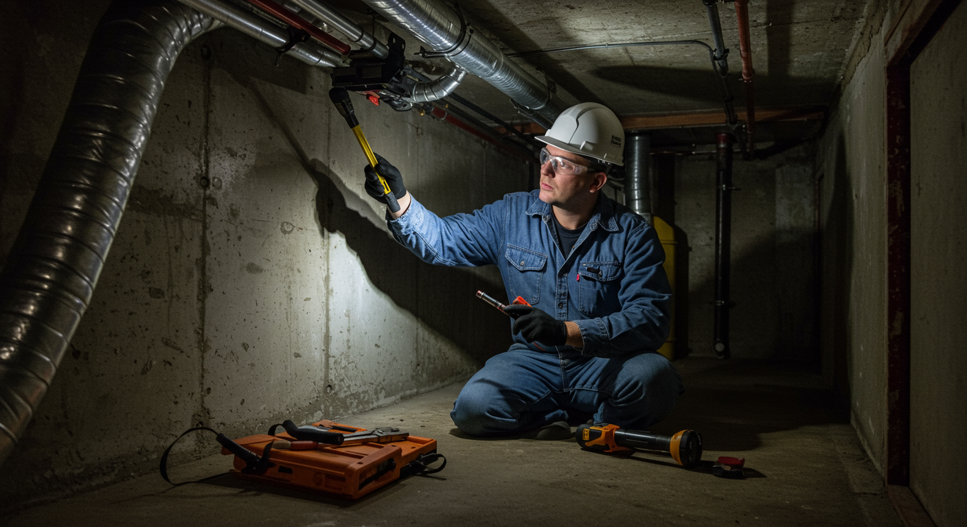 A professional inspecting a crawl space, with tools in hand and a flashlight illuminating the area. The focus is on a clean, encapsulated crawl space free from pests.