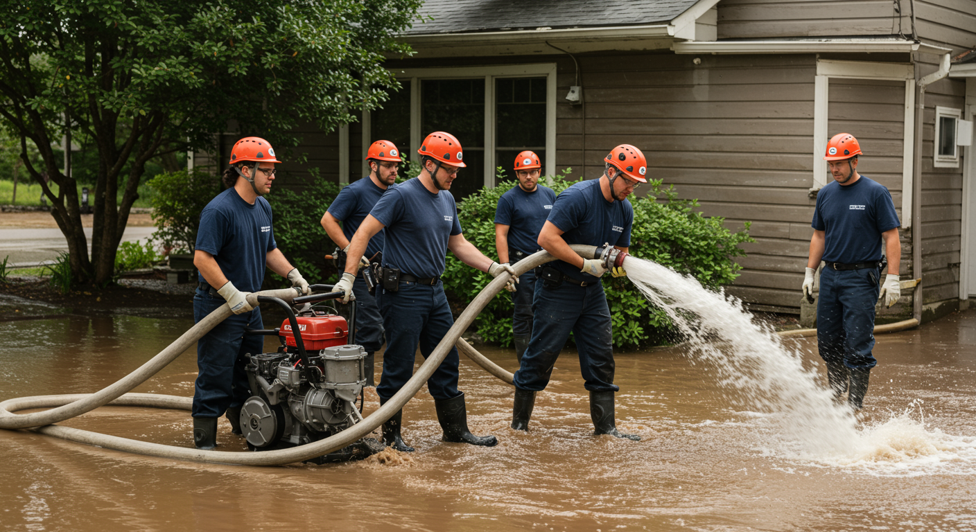 A team of restoration professionals working together to remove water from a flooded area, using pumps and hoses. The image captures teamwork and the urgency of the restoration process.