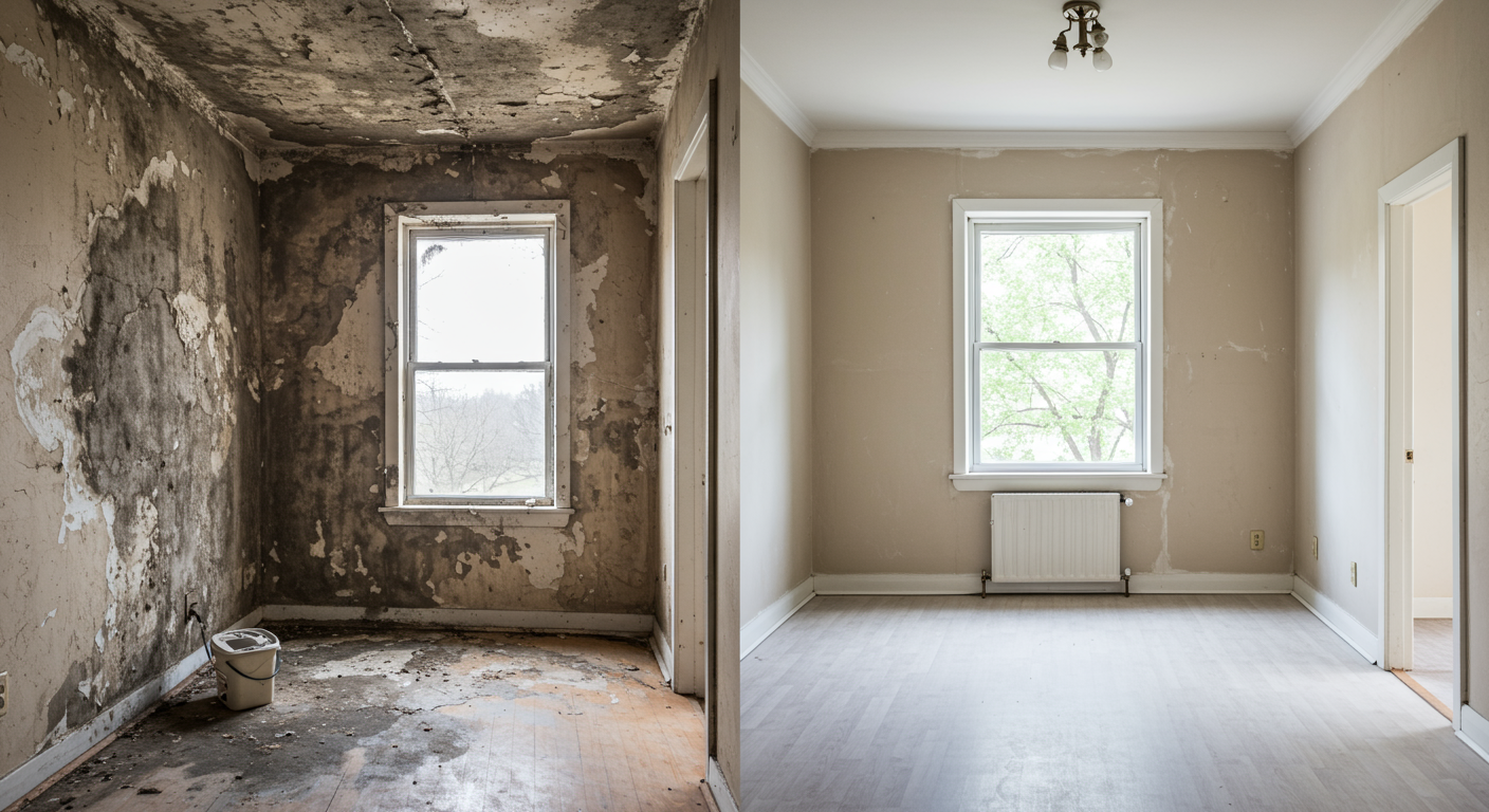 A before-and-after comparison of a room affected by black mold