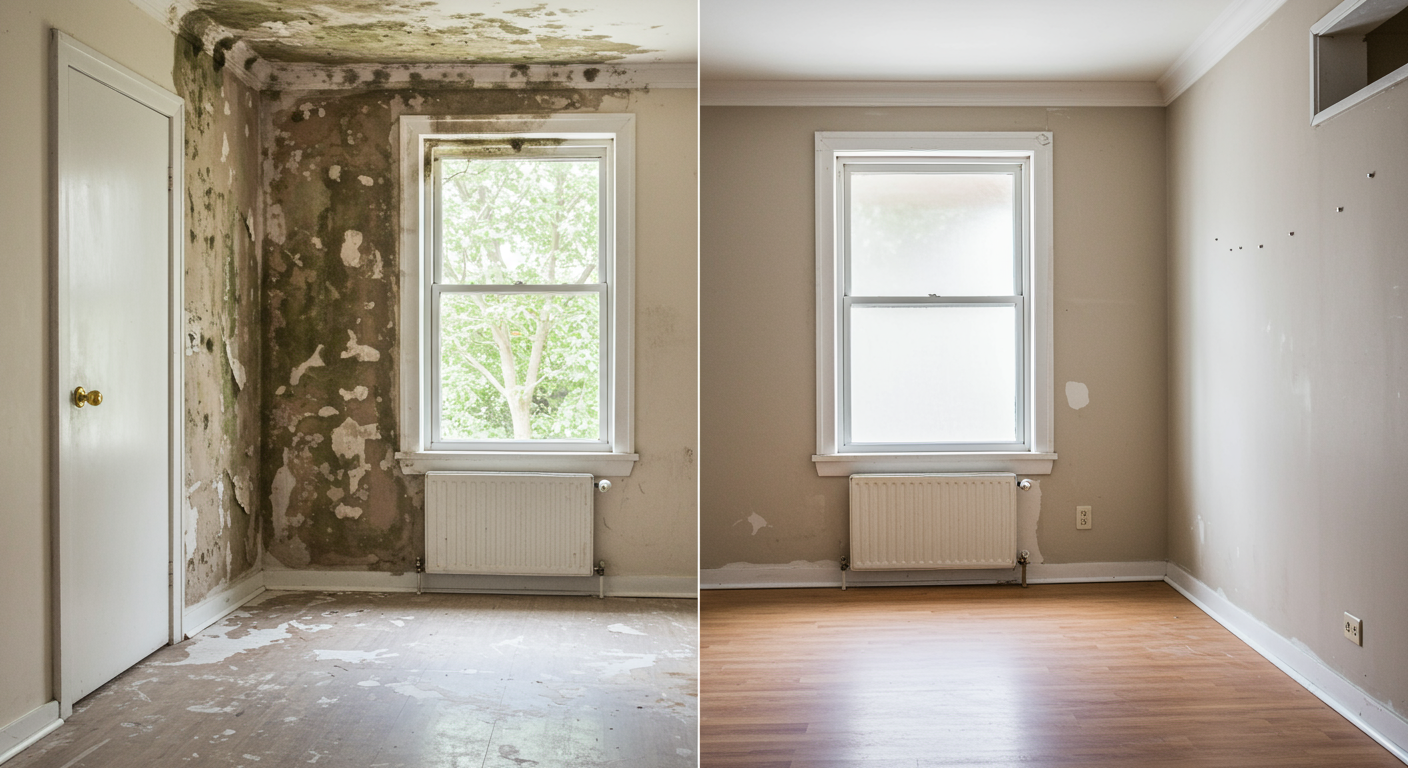 A split image showing a room before mold remediation (with visible mold) and after (clean and restored), highlighting the effectiveness of professional services.
