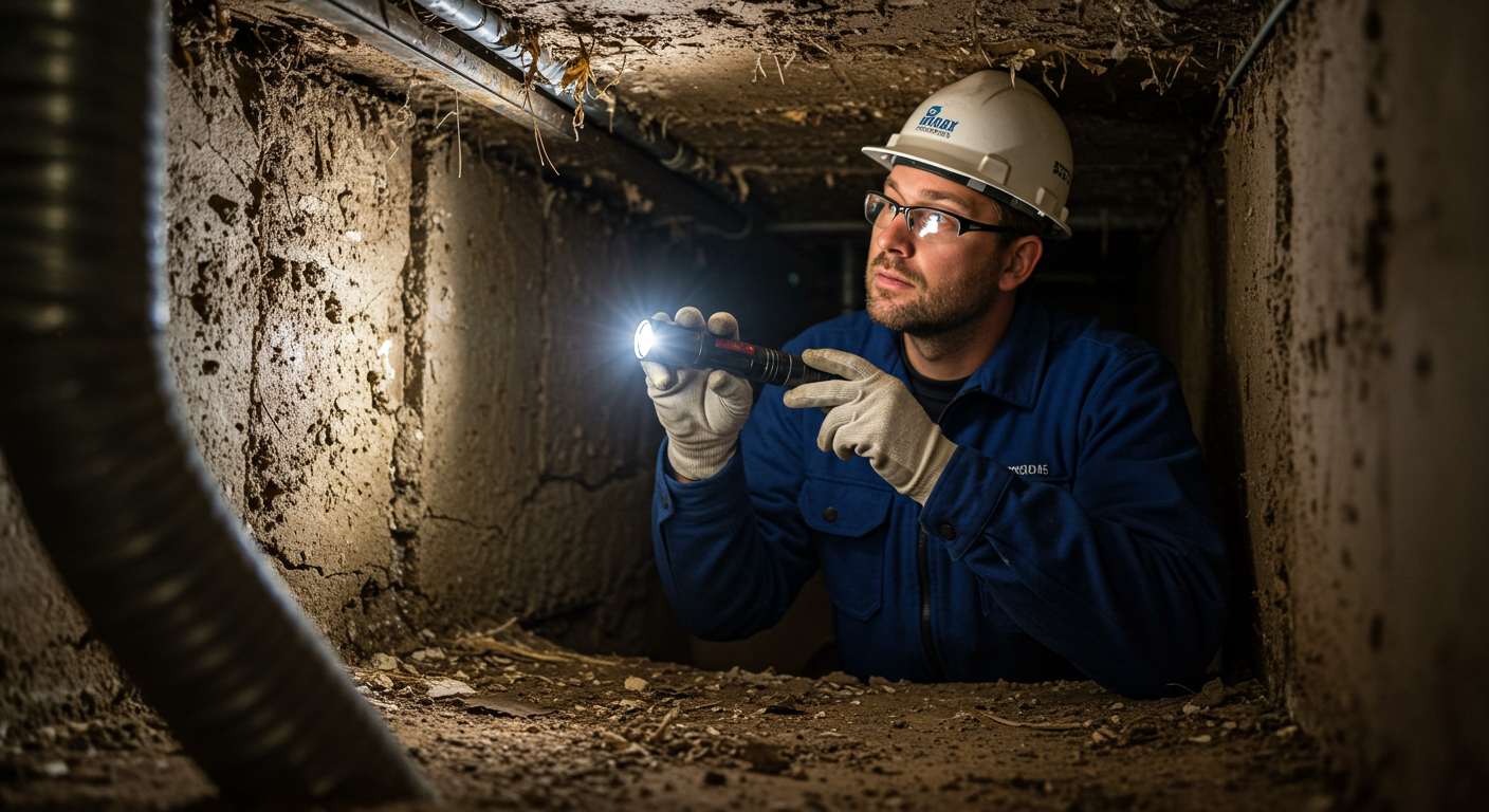 A professional inspecting a crawl space with a flashlight, looking for signs of humidity and damage. The focus is on the expert's diligence and thoroughness.