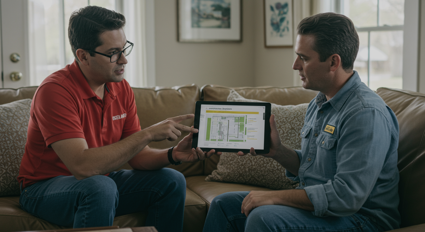 A homeowner discussing restoration options with a technician in a well-lit living room. The technician is showing a tablet with restoration plans, emphasizing customer service and support.