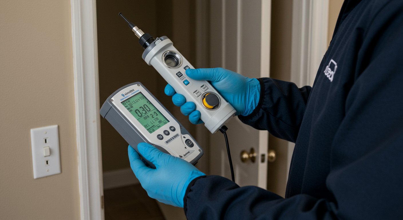 A technician is shown using advanced mold testing equipment, such as an air quality monitor and mold sampling tools, in a home environment.