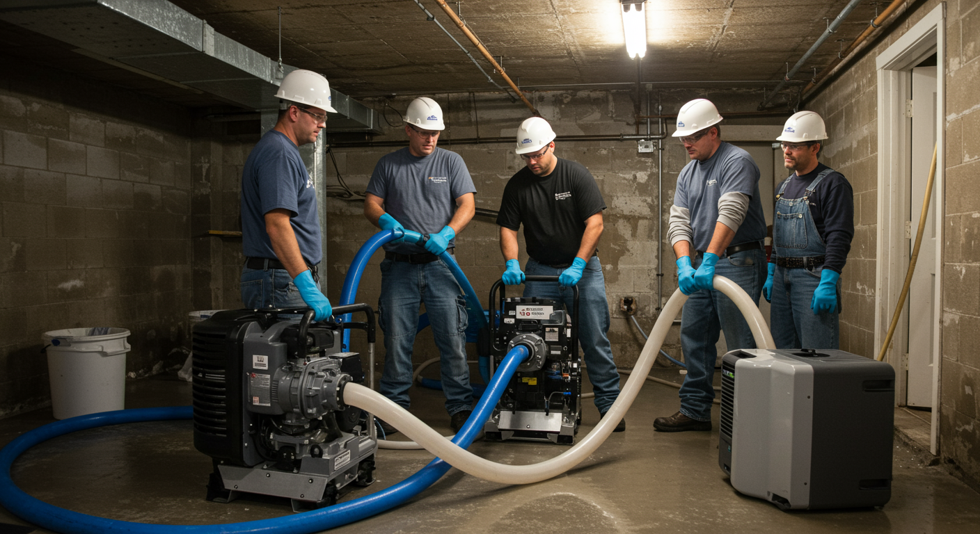 A team of restoration professionals working together to remove water from a basement using industrial pumps and dehumidifiers. The scene shows teamwork and efficiency.